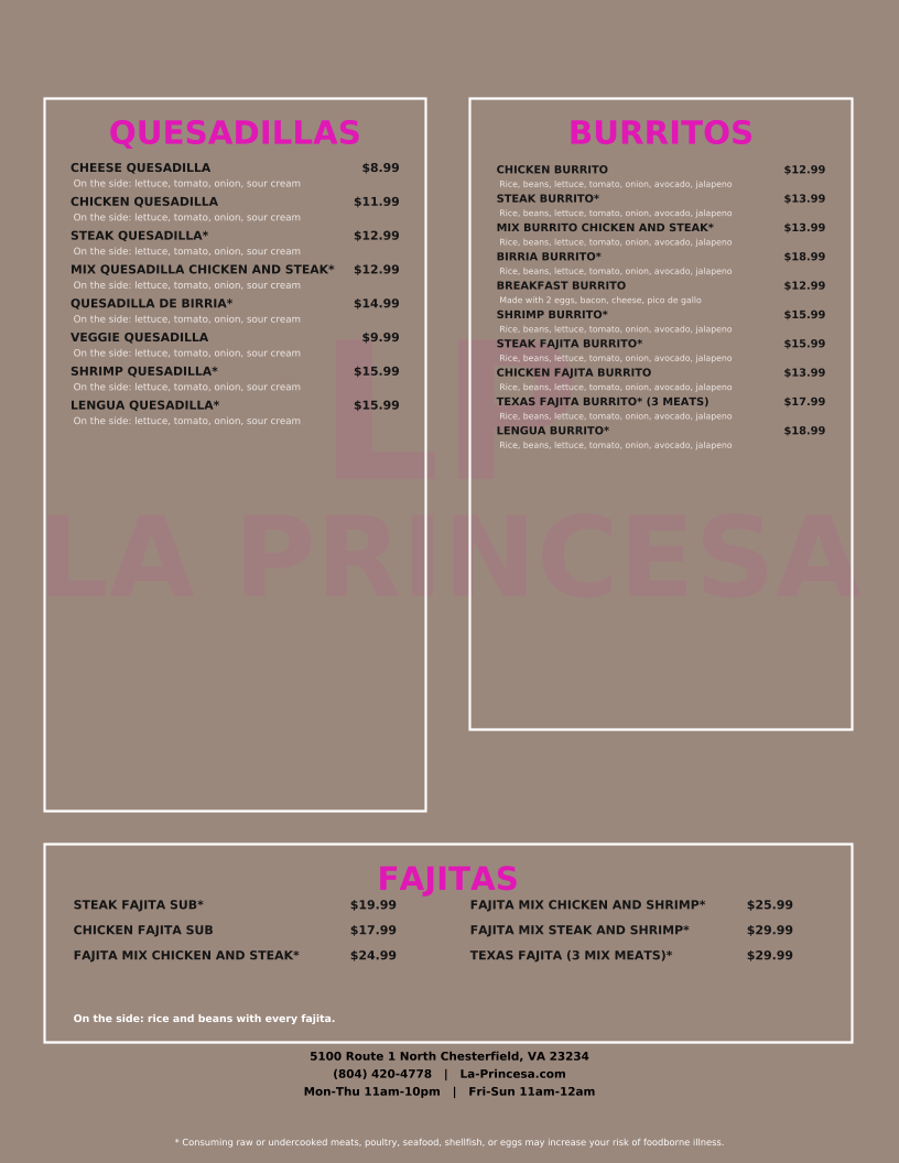 La Princesa Family Restaurant - مطعم الأميرة menu board