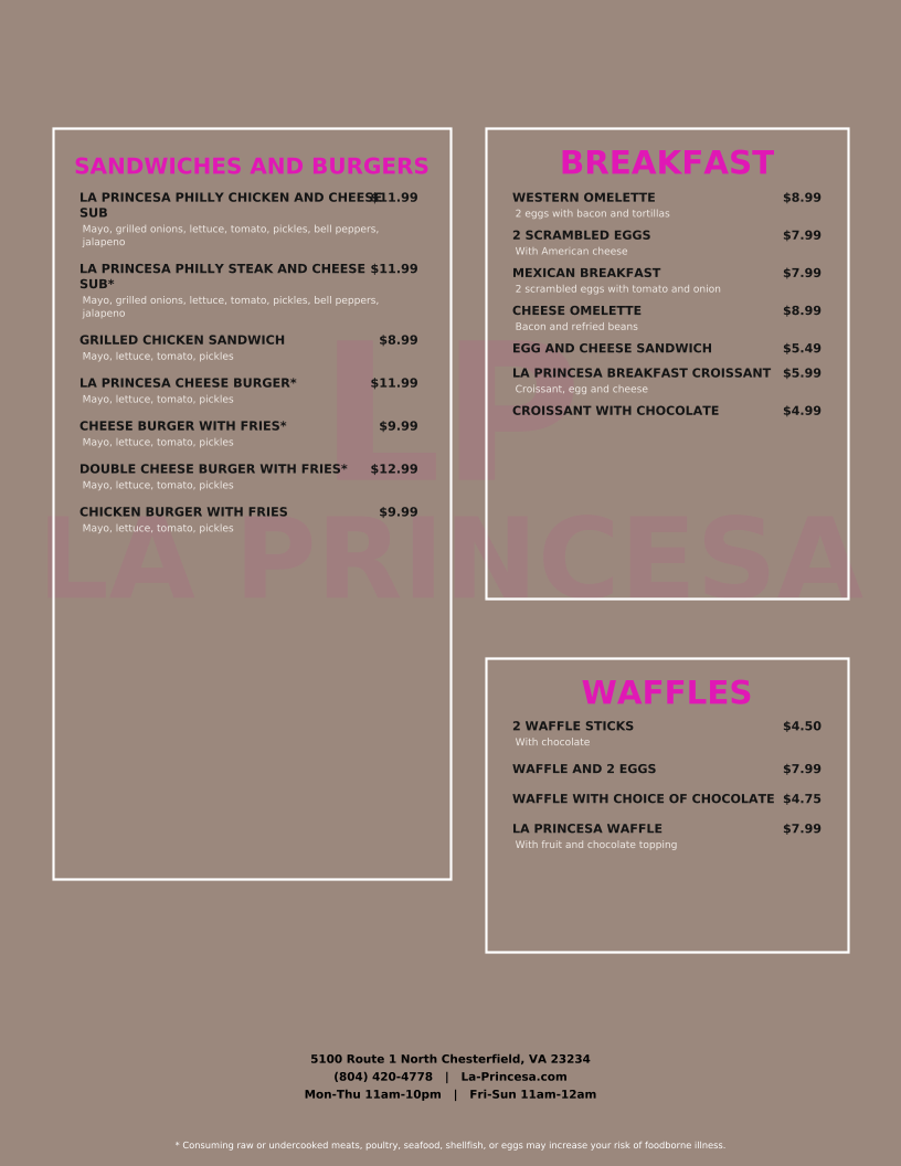 La Princesa Family Restaurant - مطعم الأميرة menu board