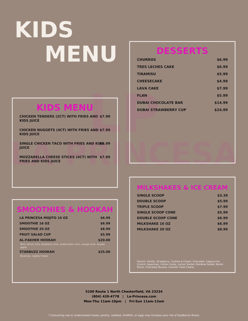 La Princesa Family Restaurant - مطعم الأميرة menu board