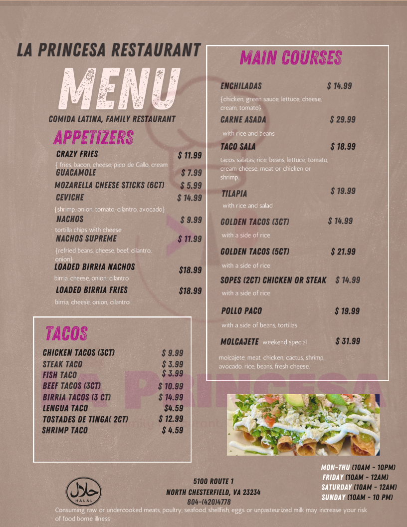 La Princesa Family Restaurant - مطعم الأميرة menu board