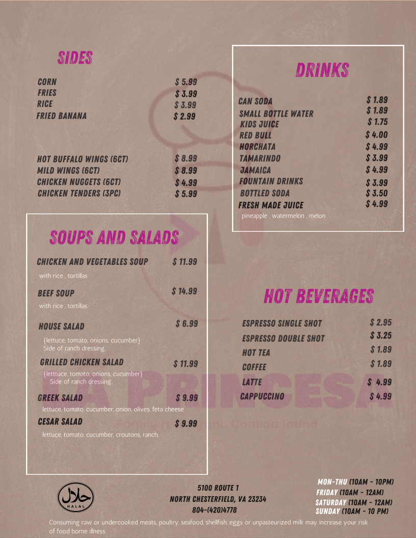 La Princesa Family Restaurant - مطعم الأميرة menu board
