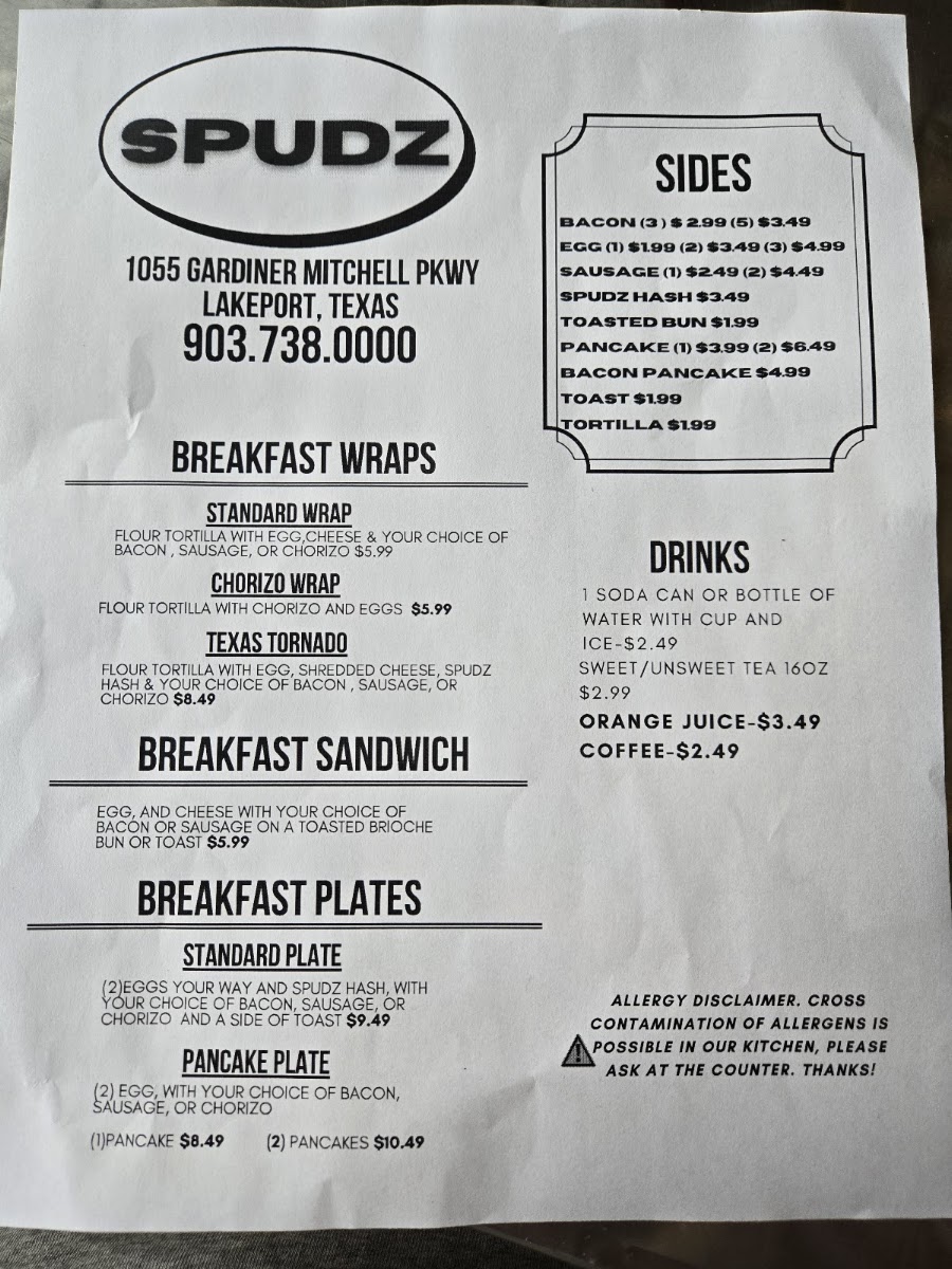 Spudz menu board