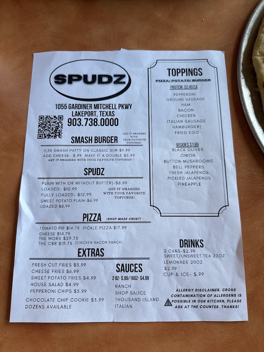 Spudz menu board