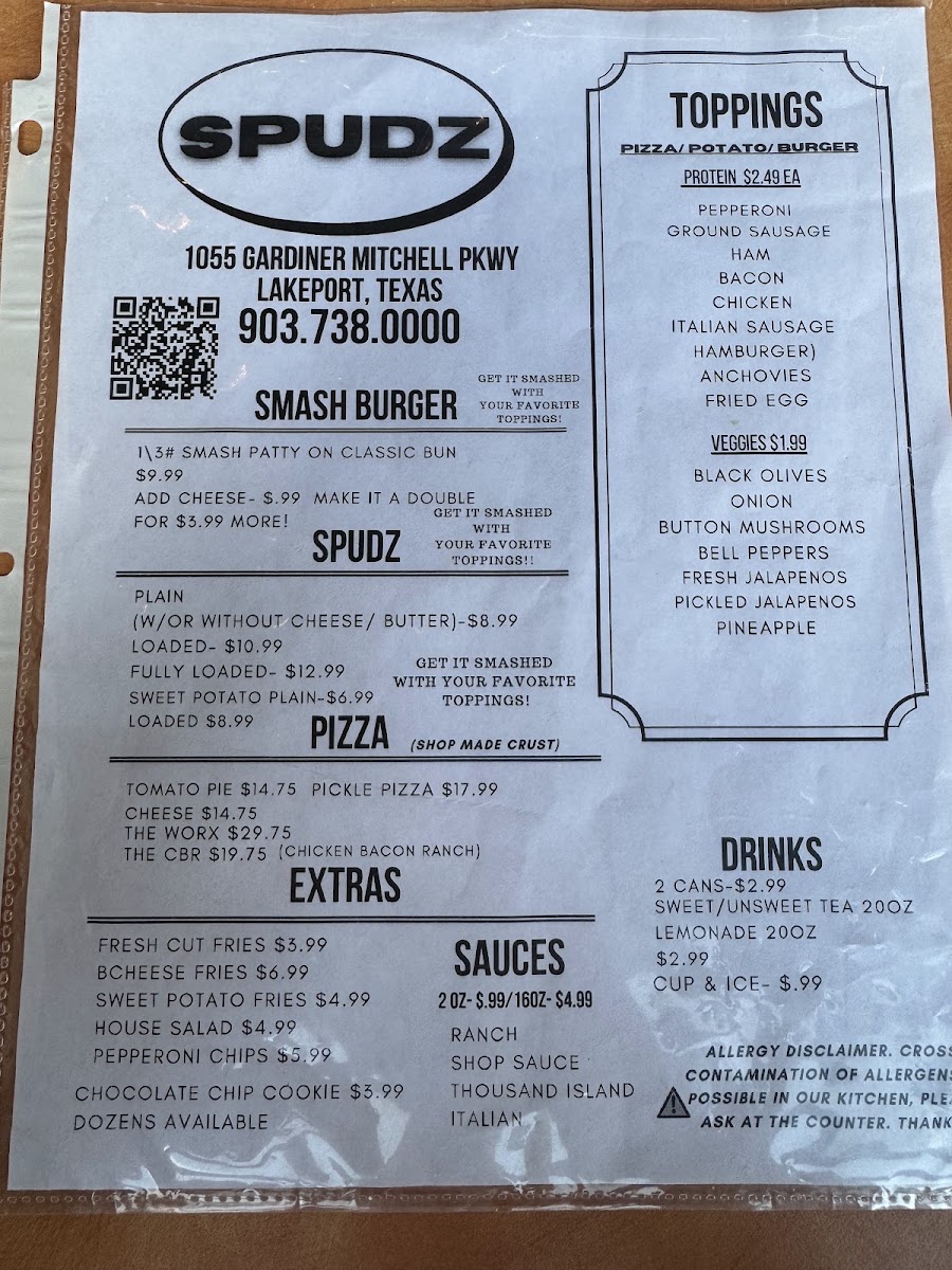 Spudz menu board