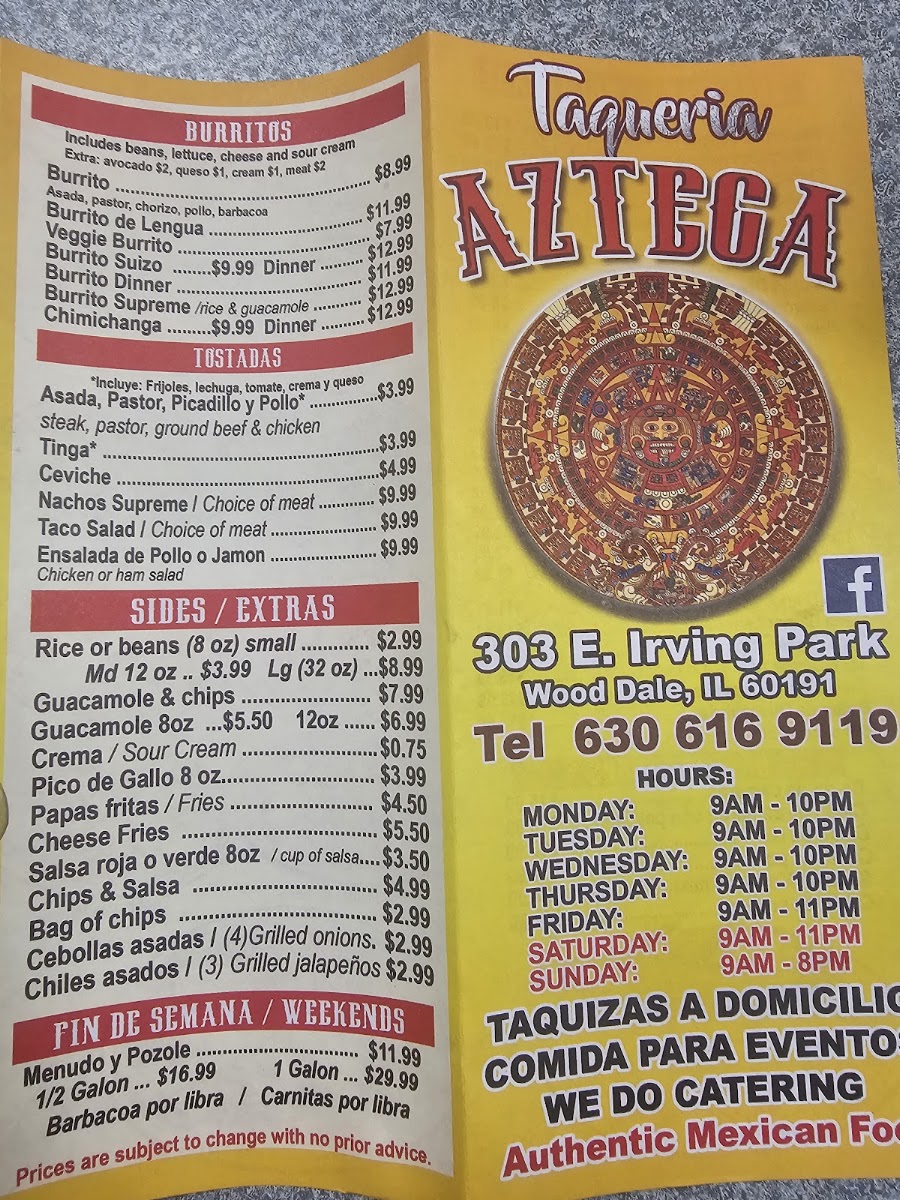 Taqueria Azteca menu board