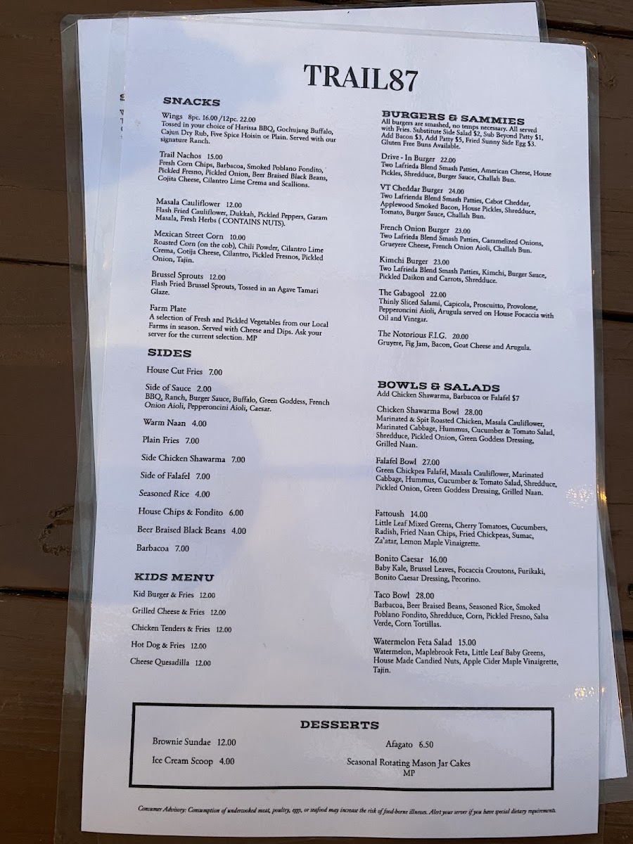 Trail 87 menu board