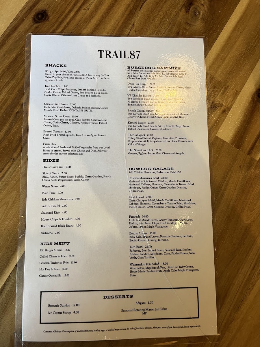 Trail 87 menu board