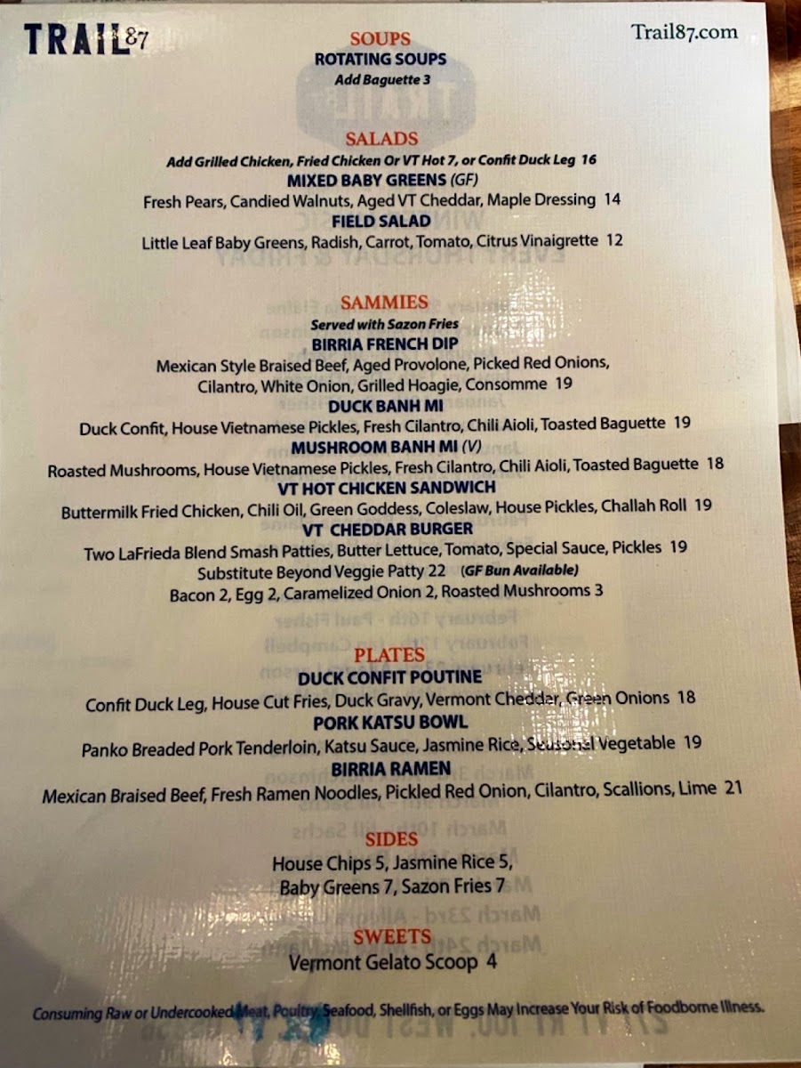 Trail 87 menu board