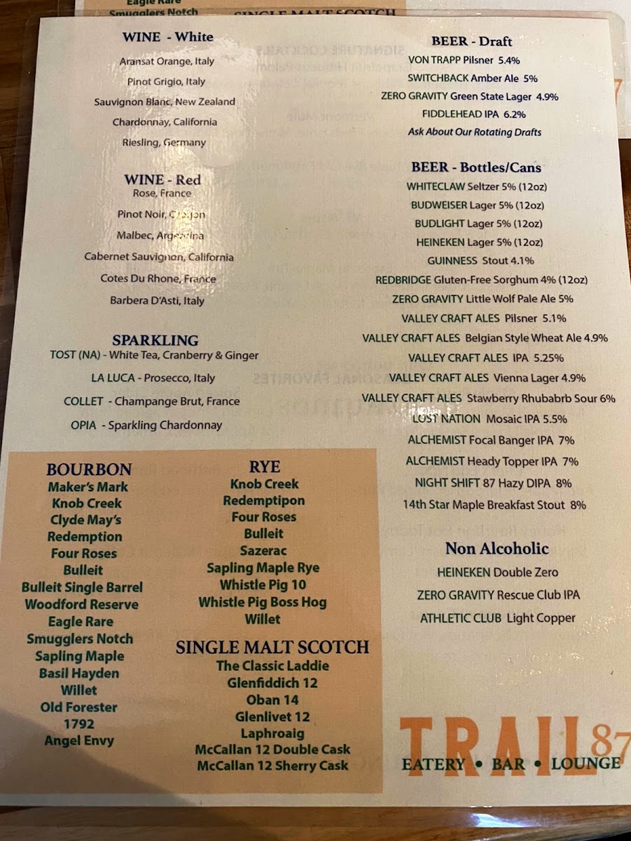 Trail 87 menu board