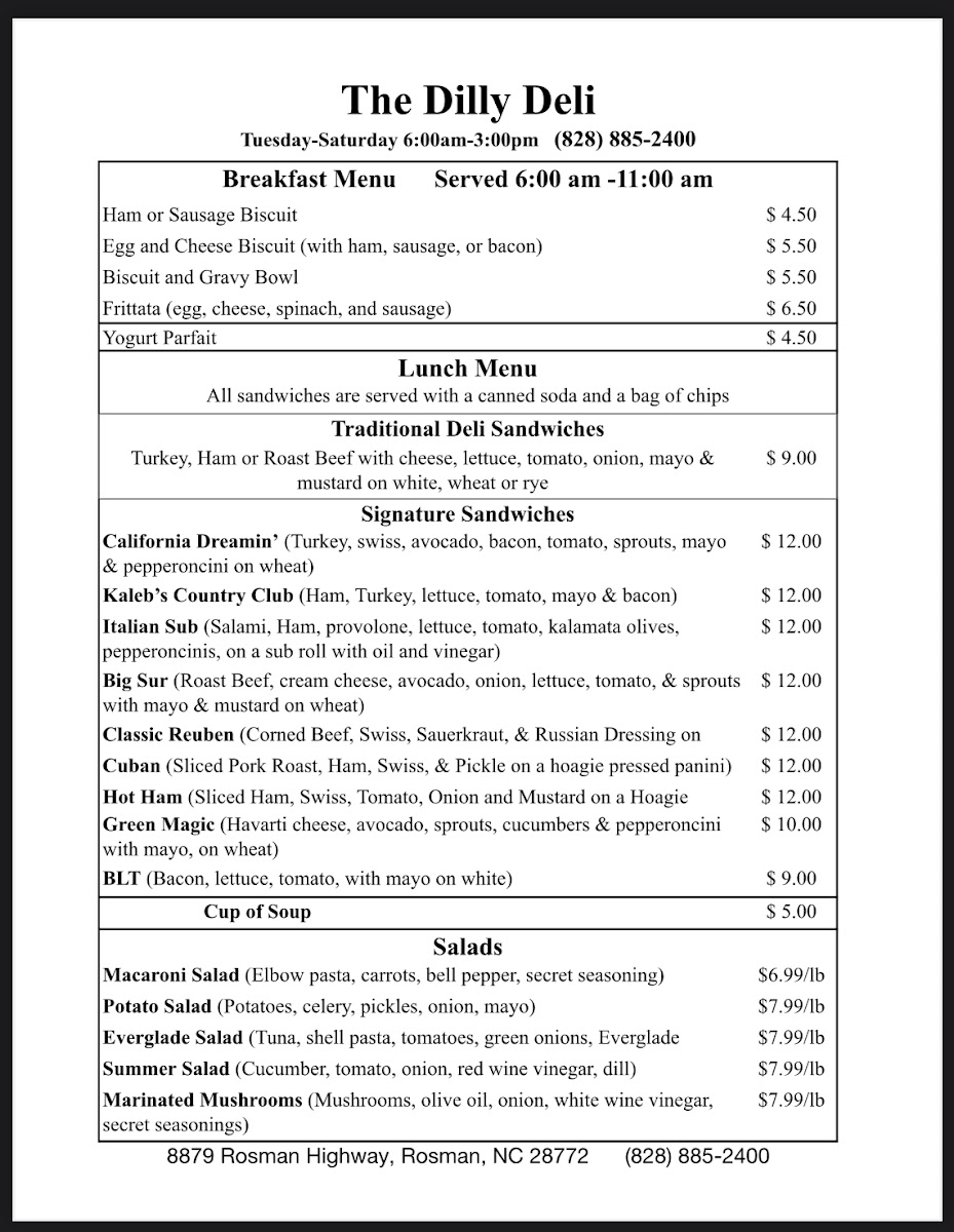 The Dilly Deli menu board