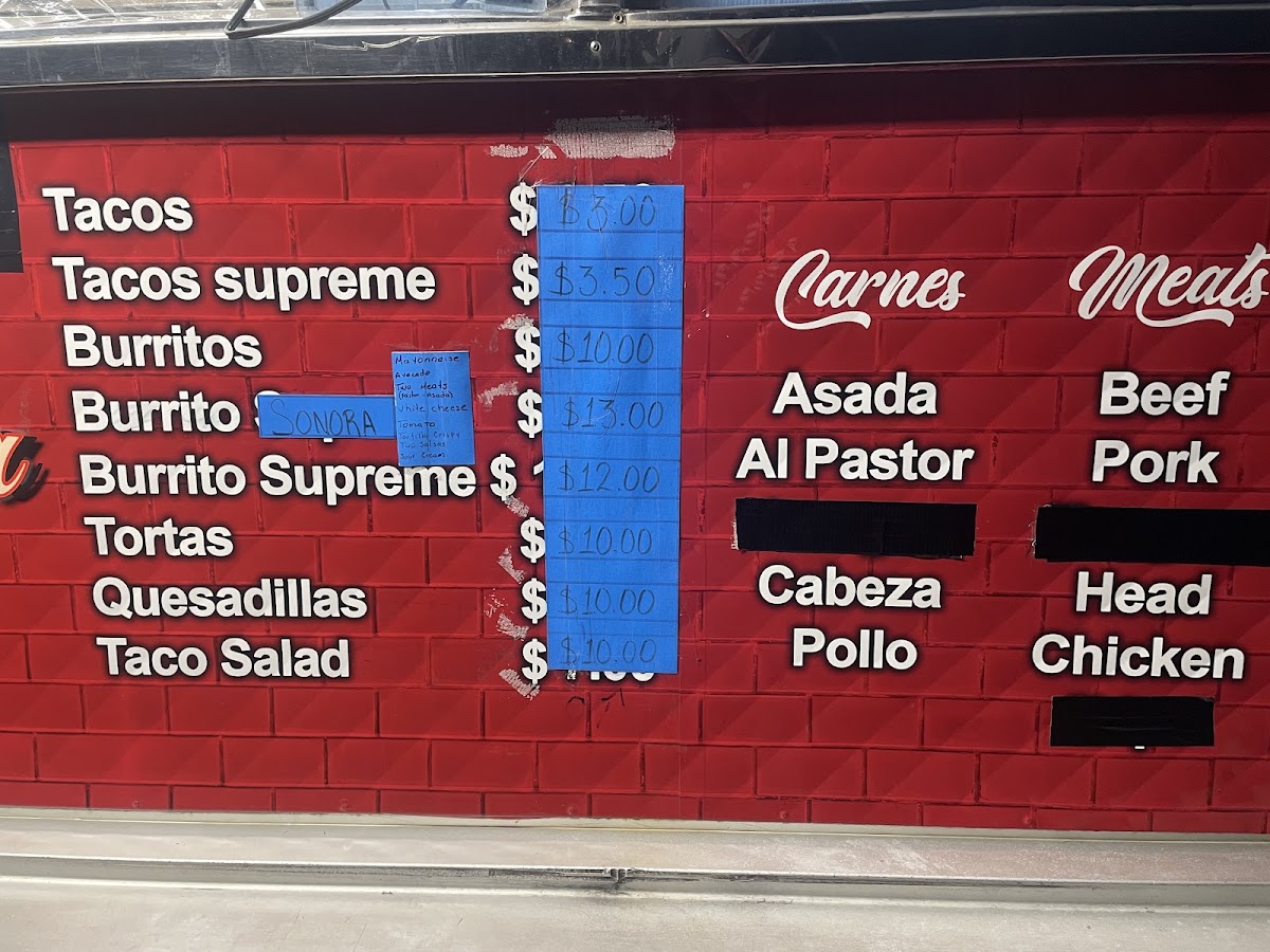 La Michoacana Taco Truck menu board