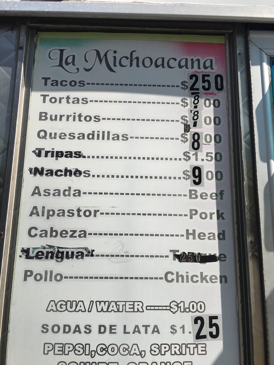 La Michoacana Taco Truck menu board