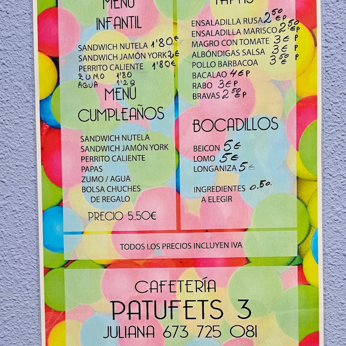 Cafeteria Patufets 3 menu board
