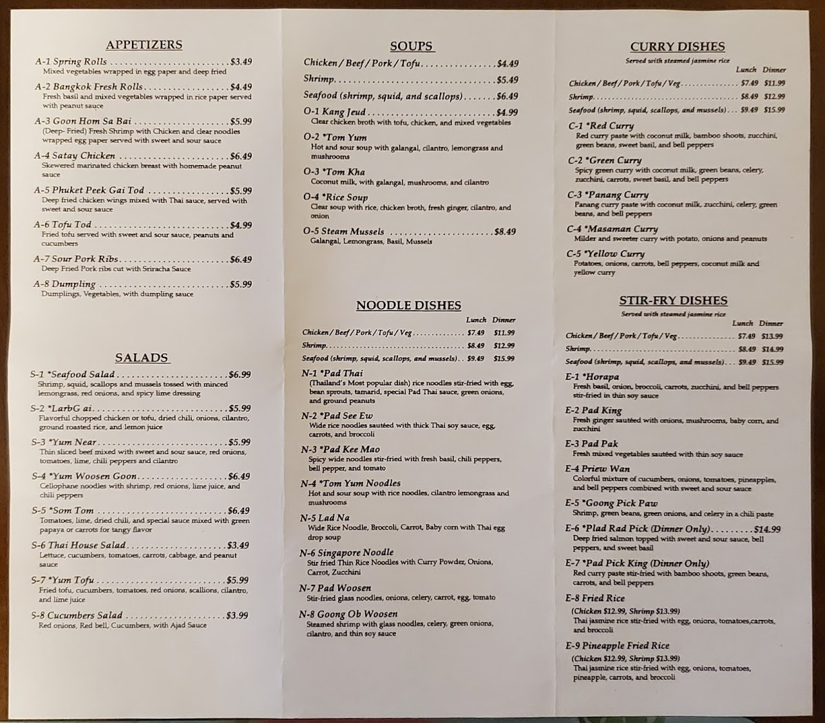 DTK Thai Kitchen menu board