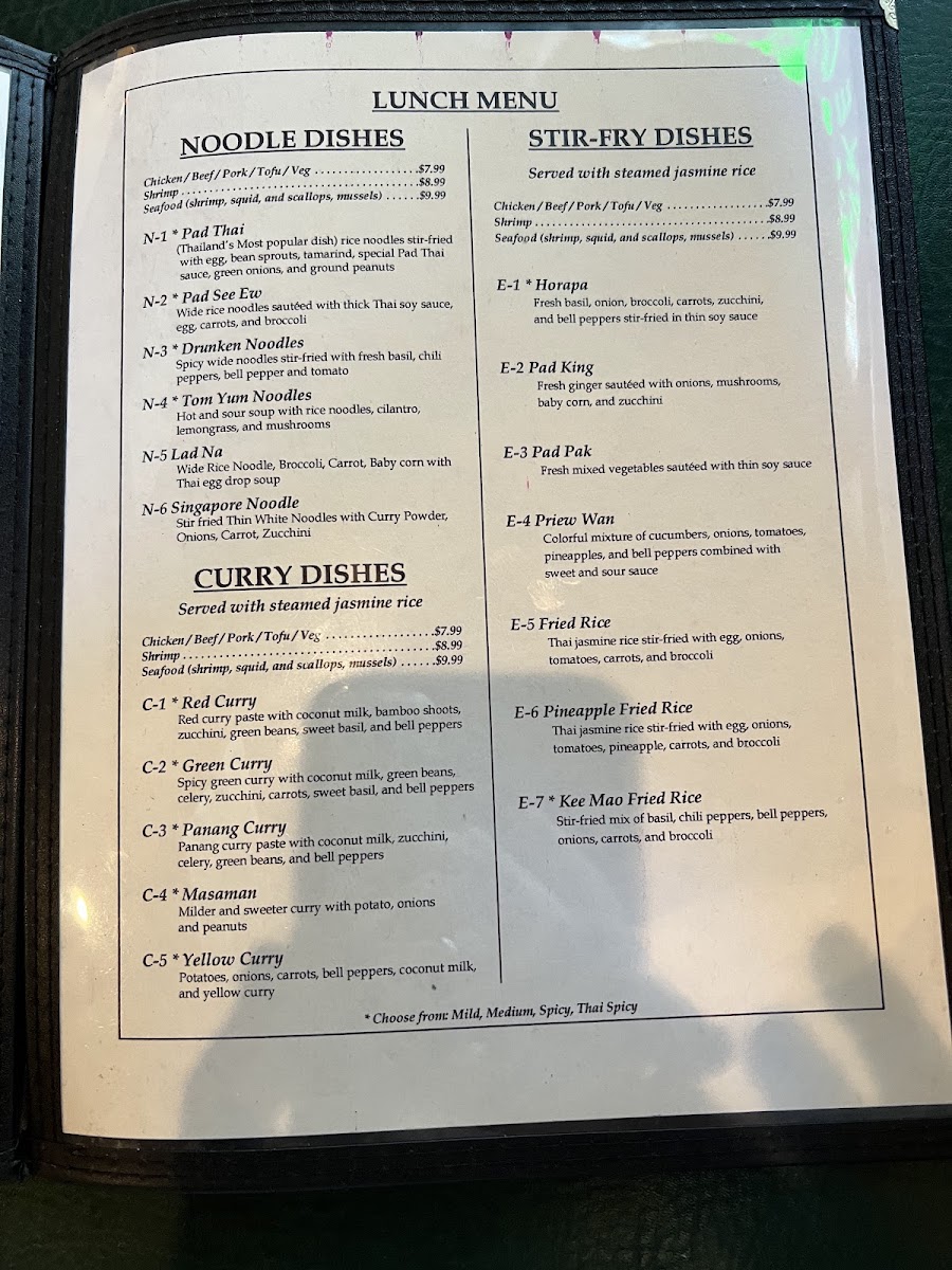 DTK Thai Kitchen menu board