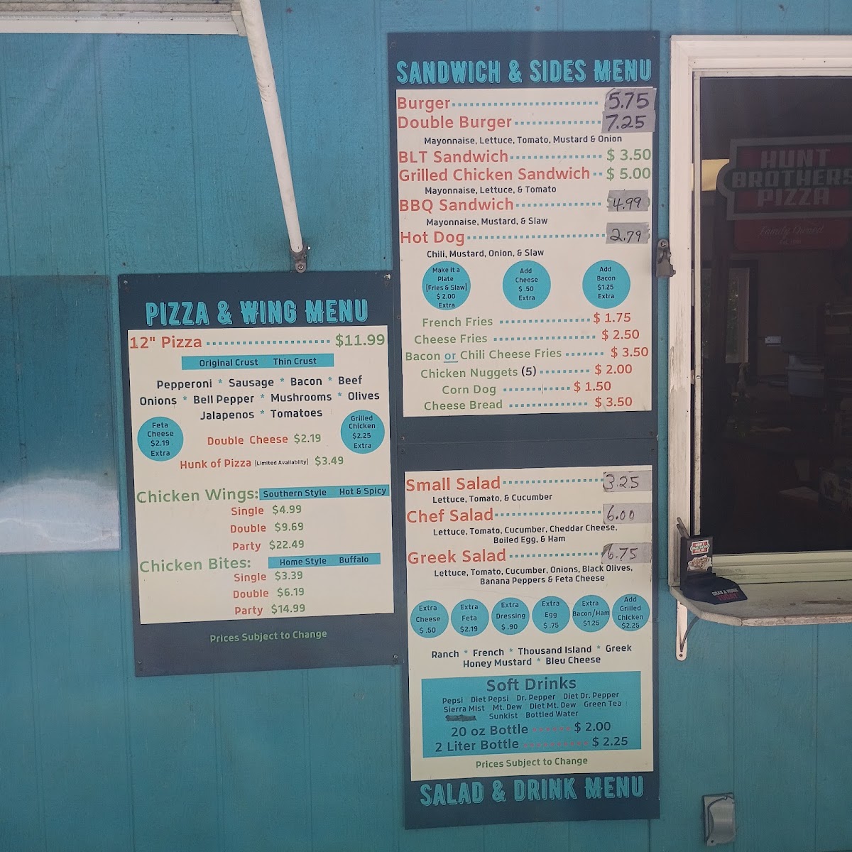 Riverside Pizza menu board