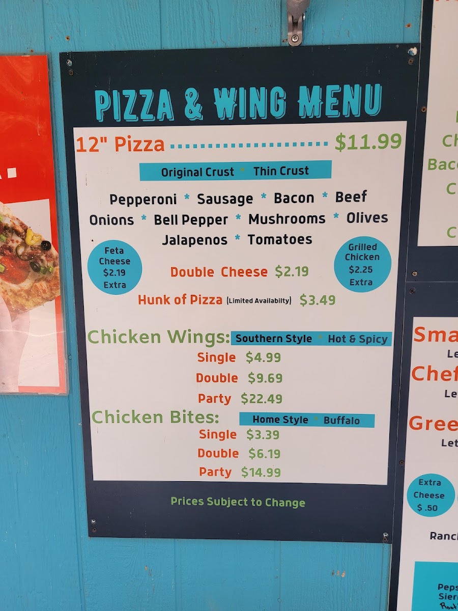 Riverside Pizza menu board
