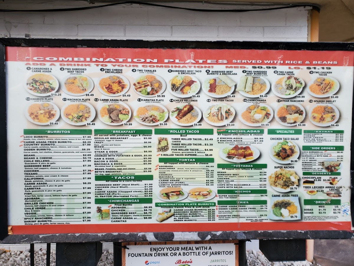 Beto's Mexican Food menu board