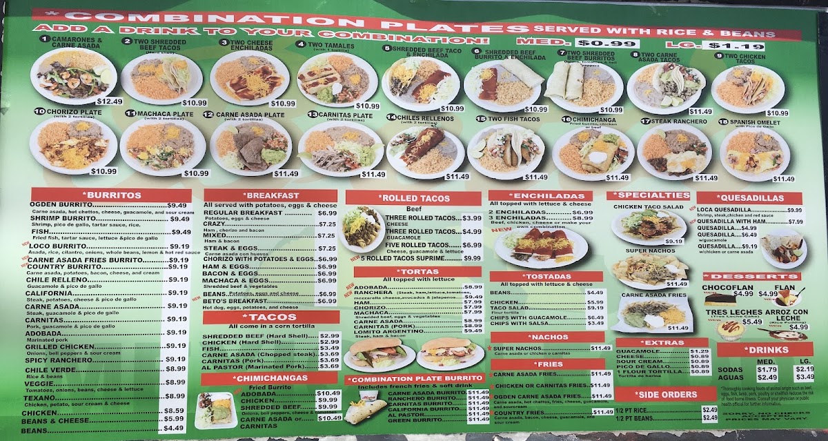 Beto's Mexican Food menu board