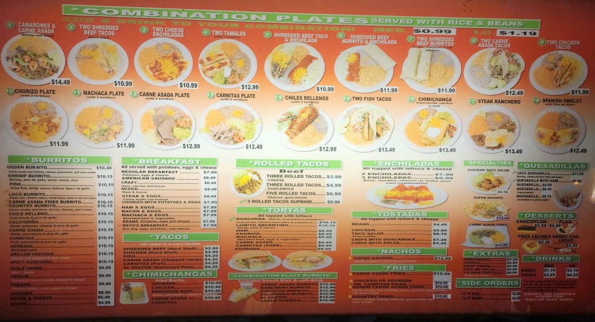 Beto's Mexican Food menu board
