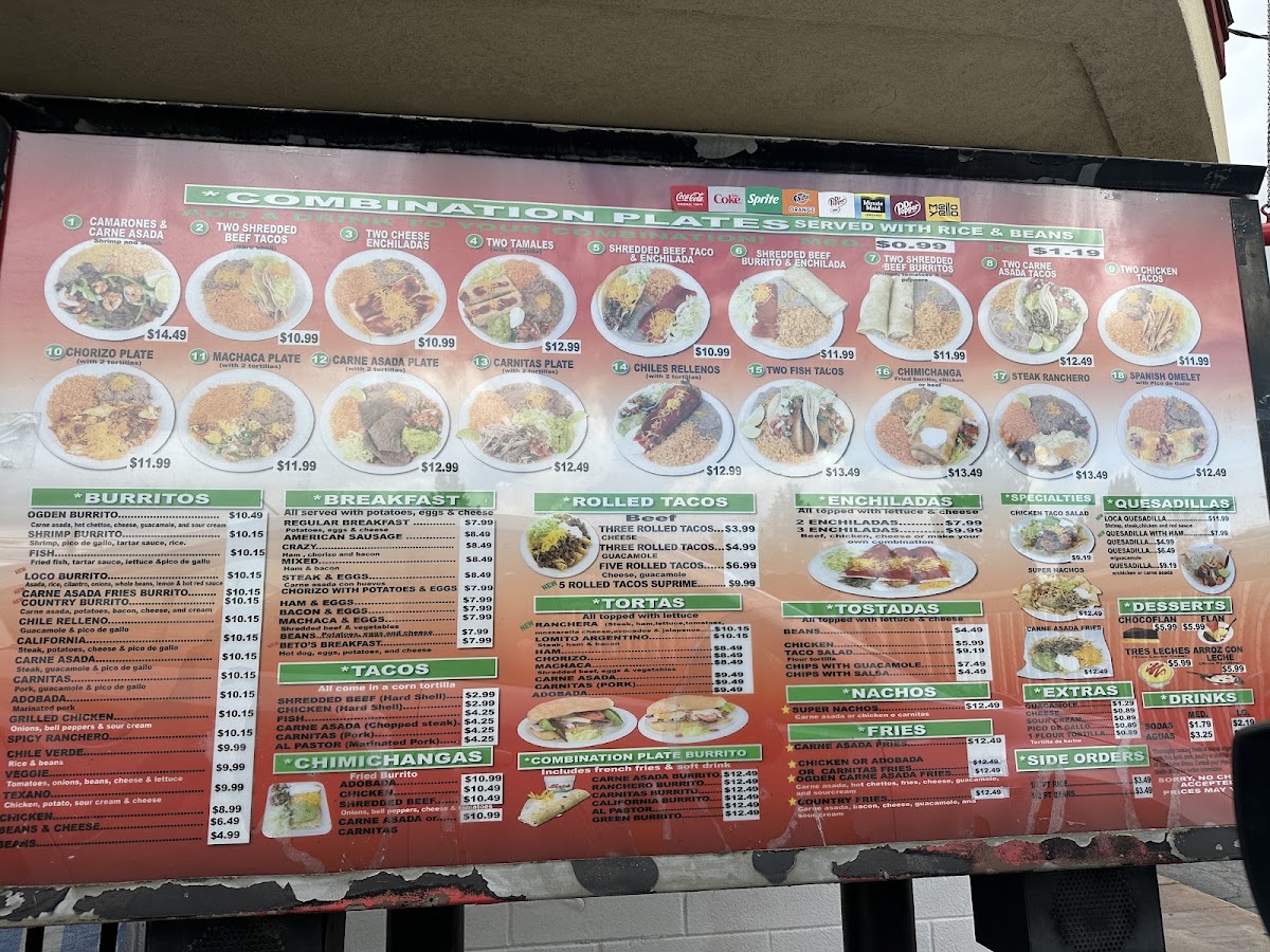 Beto's Mexican Food menu board
