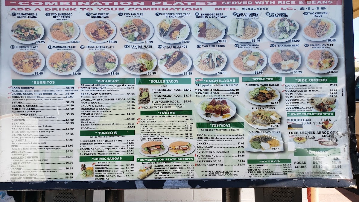 Beto's Mexican Food menu board