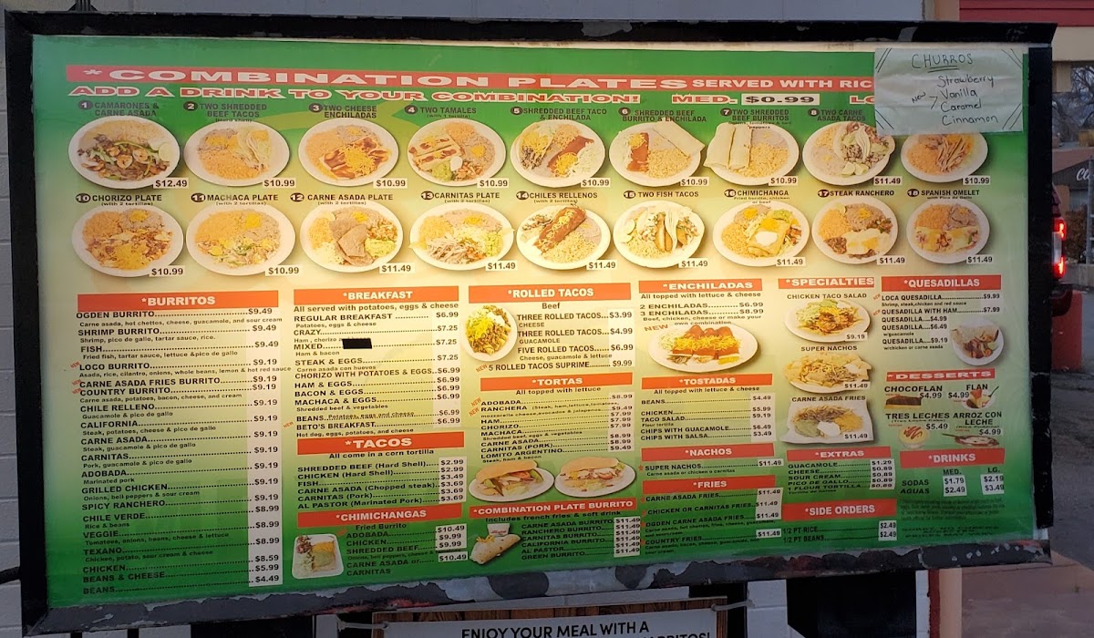 Beto's Mexican Food menu board