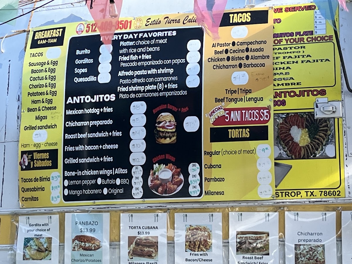 Street Tacos of 512 menu board
