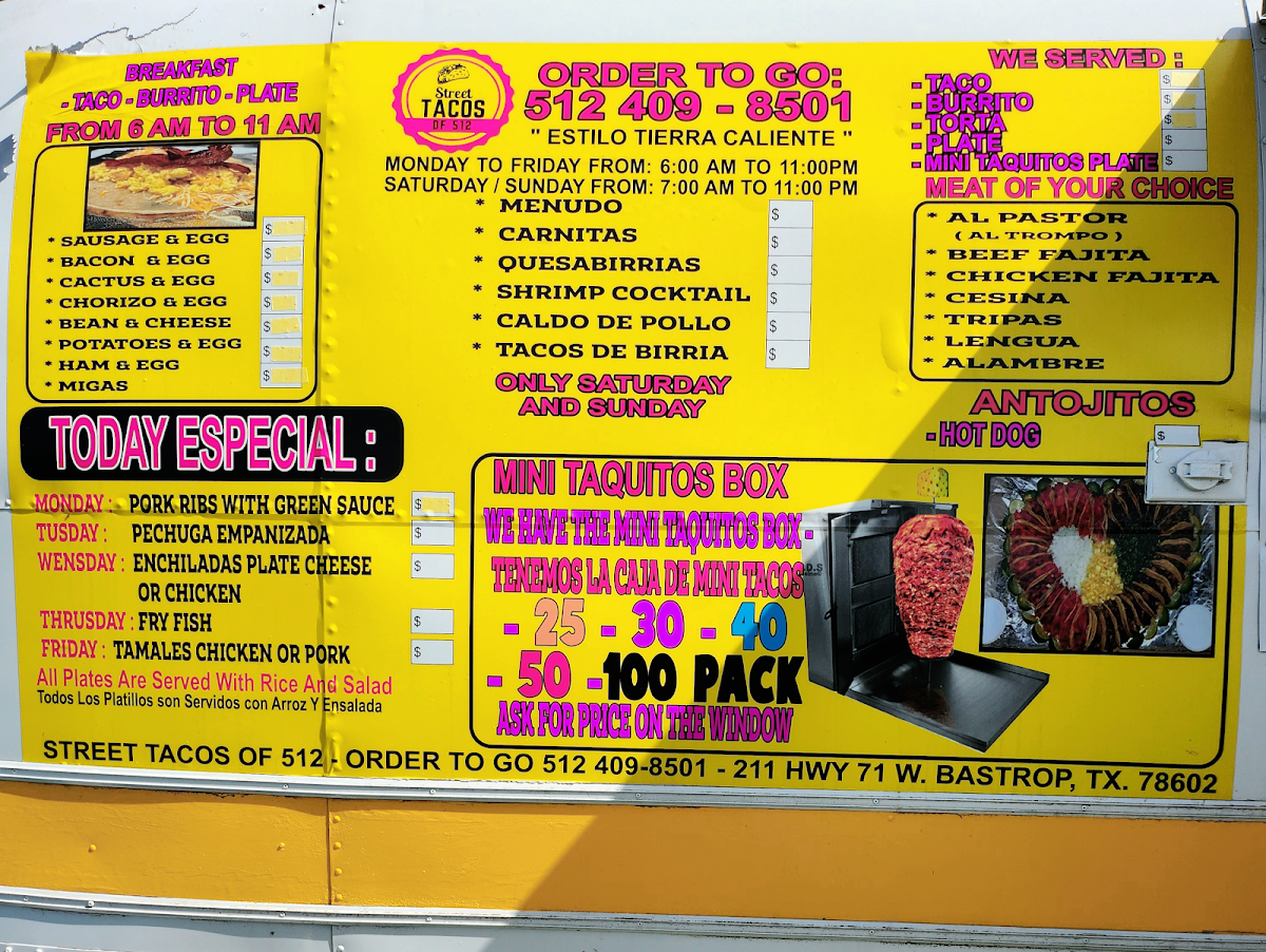 Street Tacos of 512 menu board