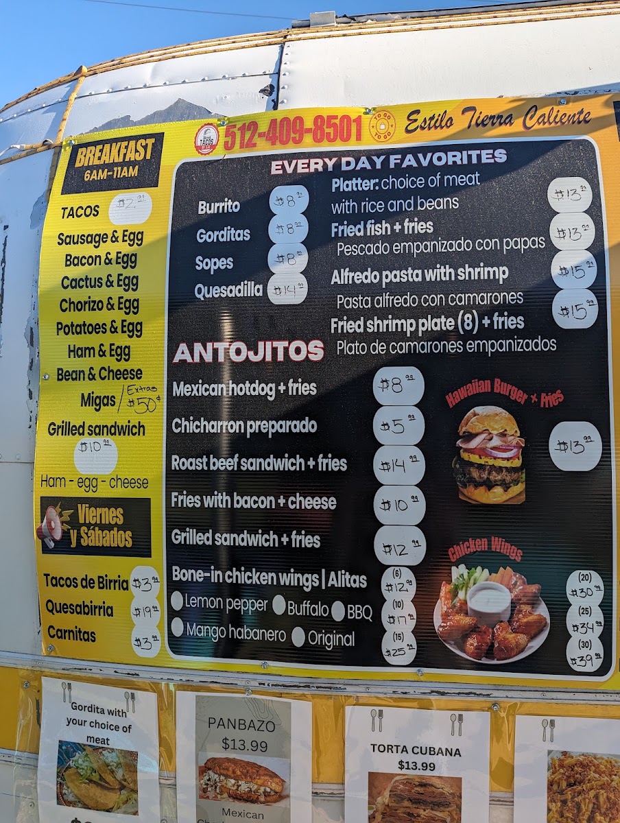 Street Tacos of 512 menu board