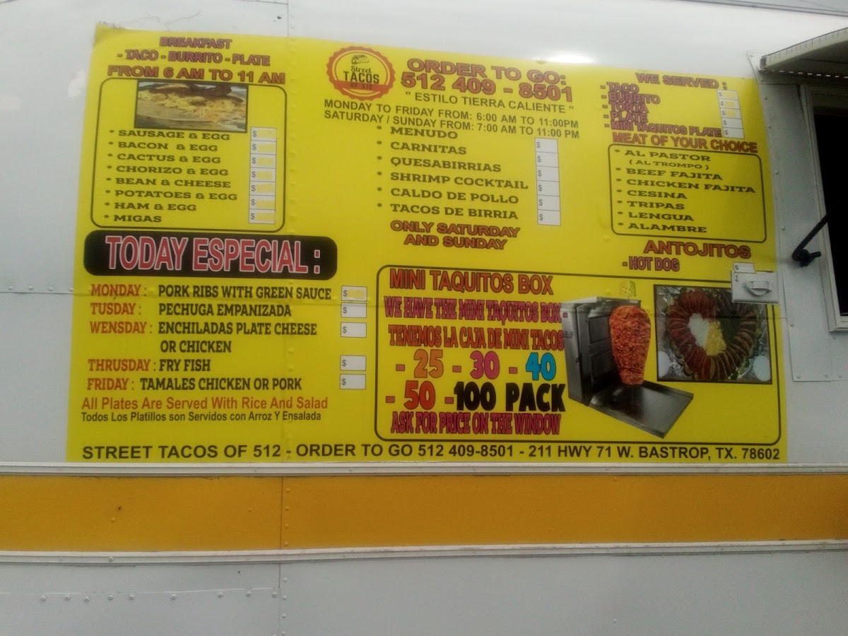 Street Tacos of 512 menu board