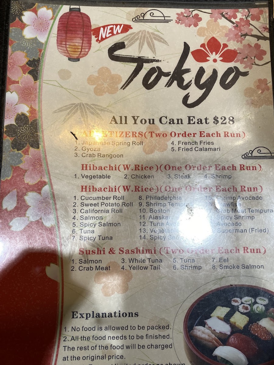 New Tokyo Hibachi & Sushi menu board