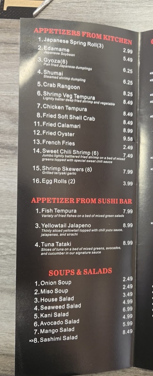 New Tokyo Hibachi & Sushi menu board