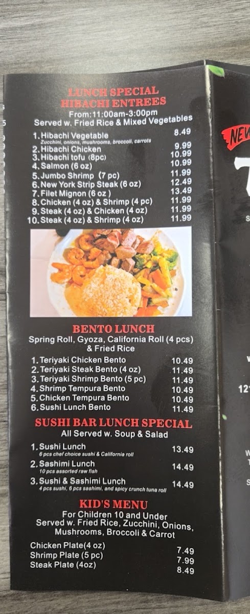 New Tokyo Hibachi & Sushi menu board