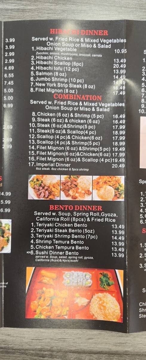 New Tokyo Hibachi & Sushi menu board