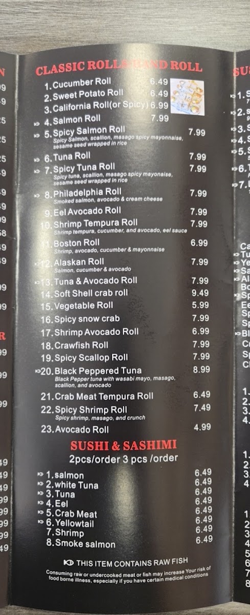New Tokyo Hibachi & Sushi menu board