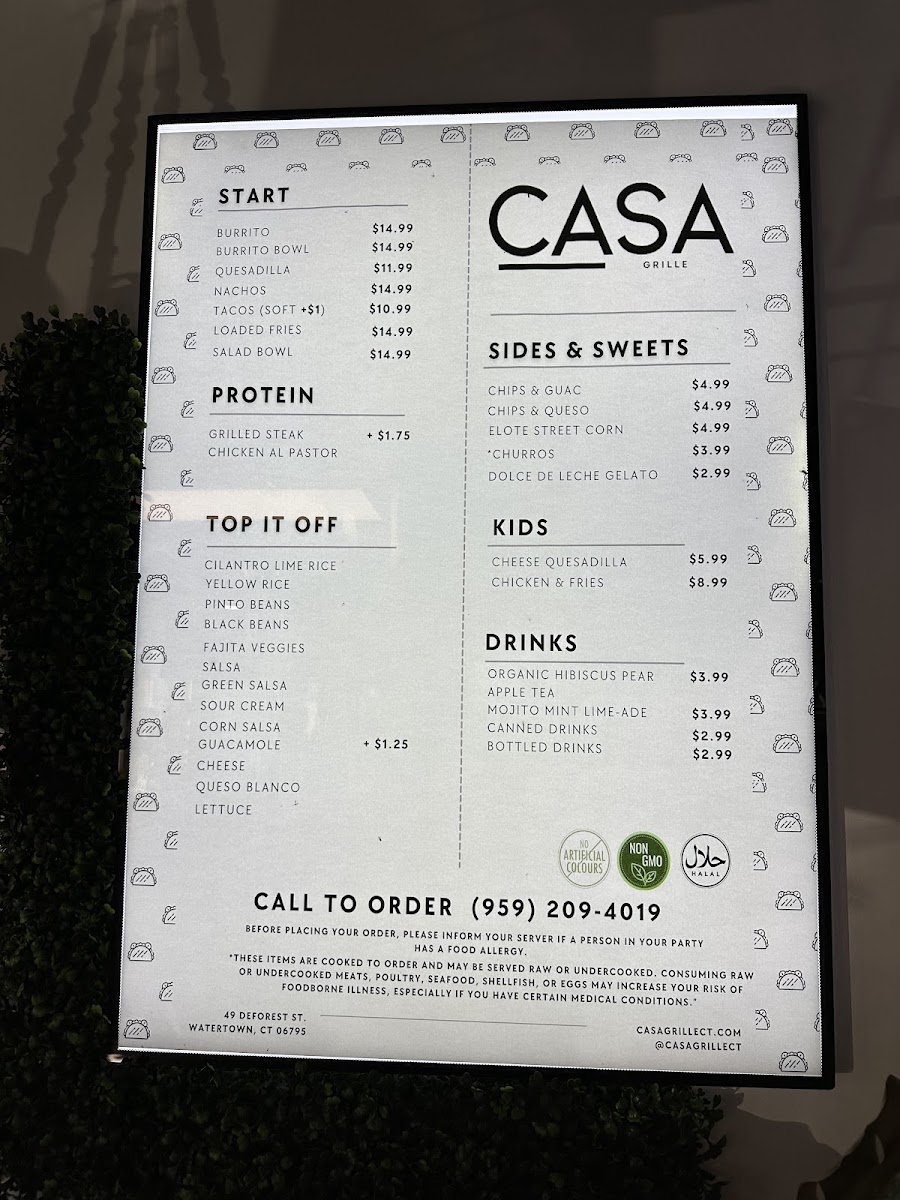 CASA Grille menu board