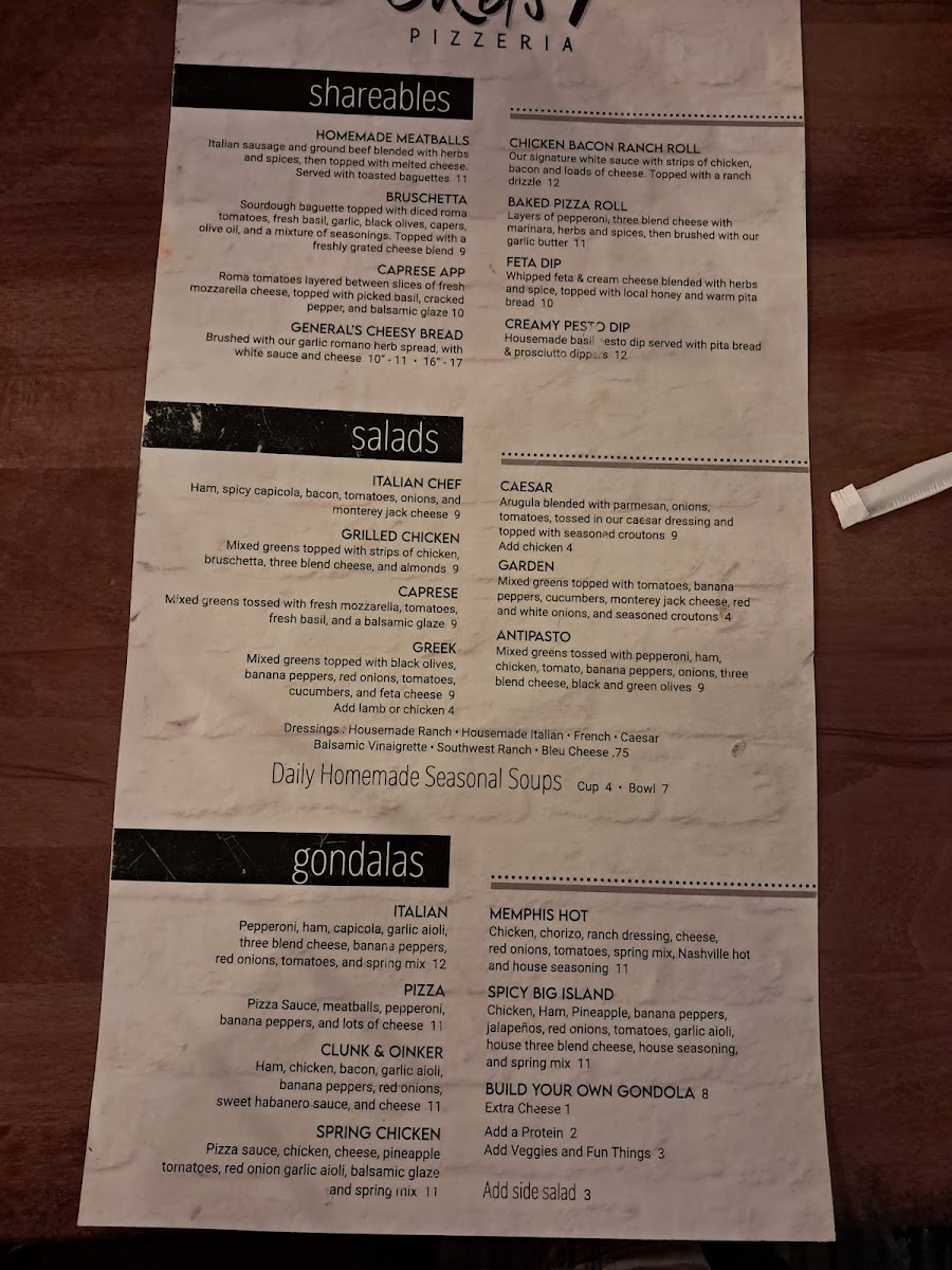 Crust Pizzeria menu board