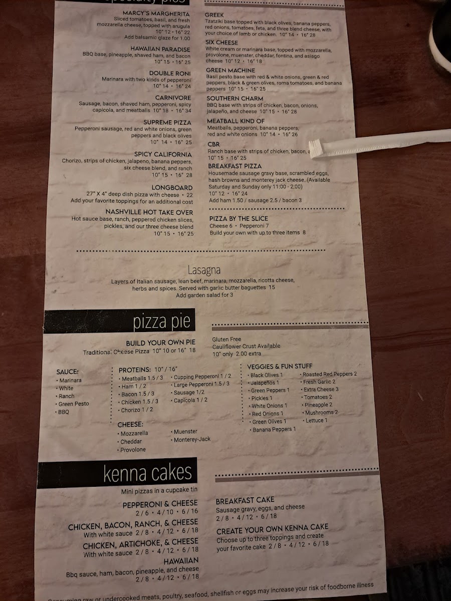 Crust Pizzeria menu board
