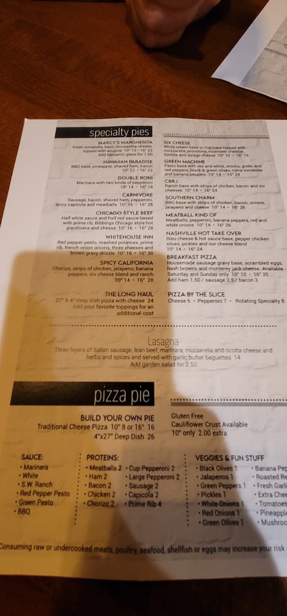 Crust Pizzeria menu board