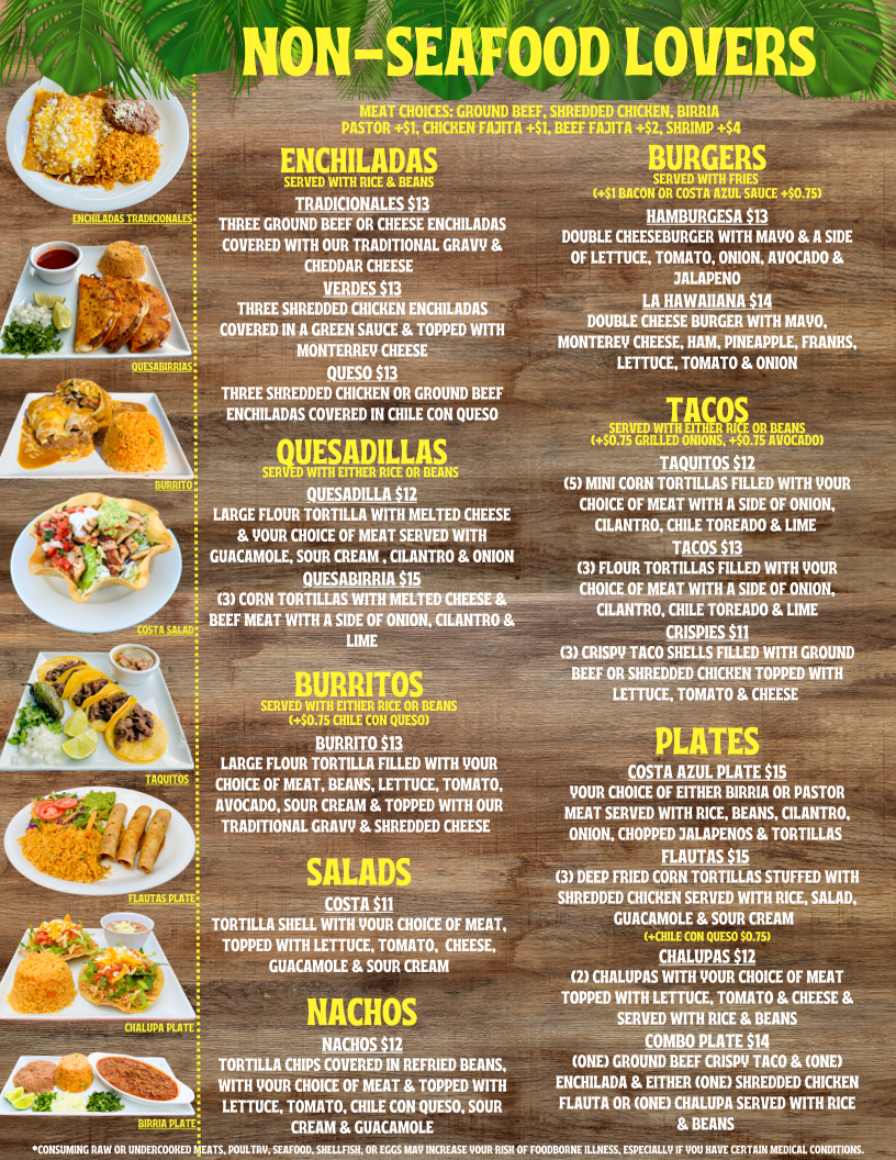 Costa Azul Mariscos & Micheladas menu board