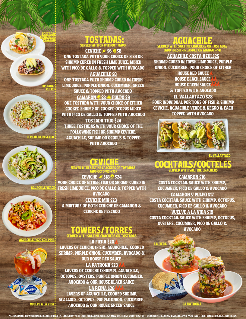 Costa Azul Mariscos & Micheladas menu board