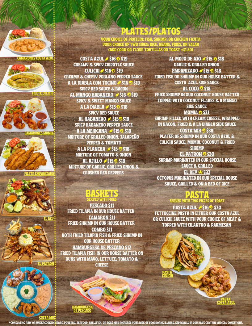 Costa Azul Mariscos & Micheladas menu board