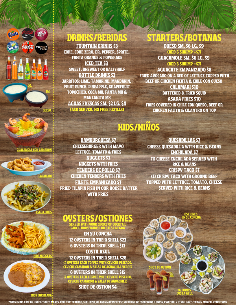 Costa Azul Mariscos & Micheladas menu board