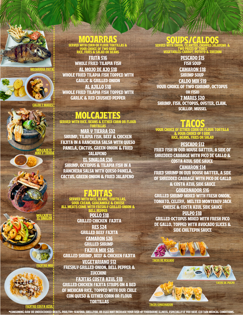 Costa Azul Mariscos & Micheladas menu board