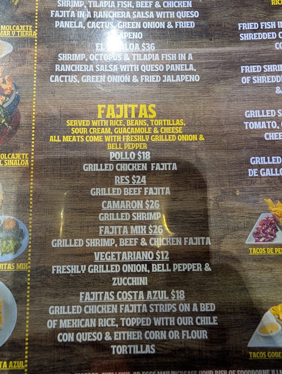 Costa Azul Mariscos & Micheladas menu board