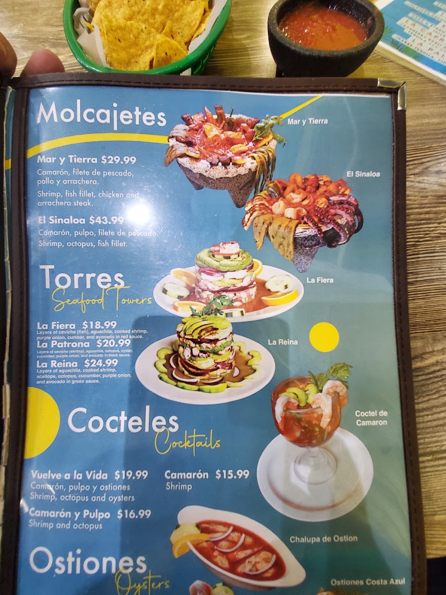 Costa Azul Mariscos & Micheladas menu board