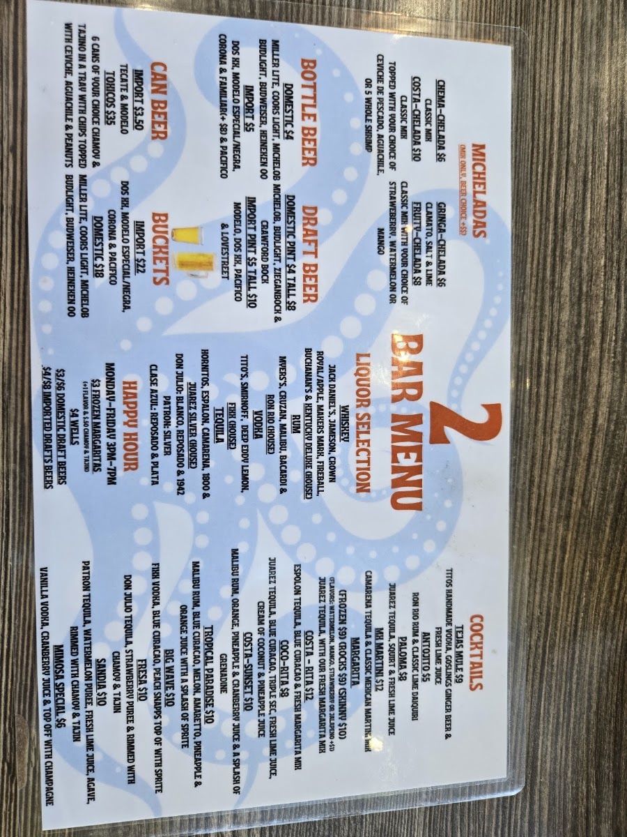 Costa Azul Mariscos & Micheladas menu board