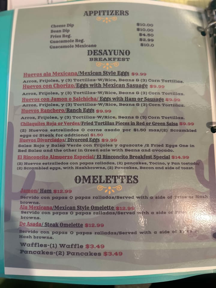 Taqueria El Rinconcito Authentic Mexican Food menu board