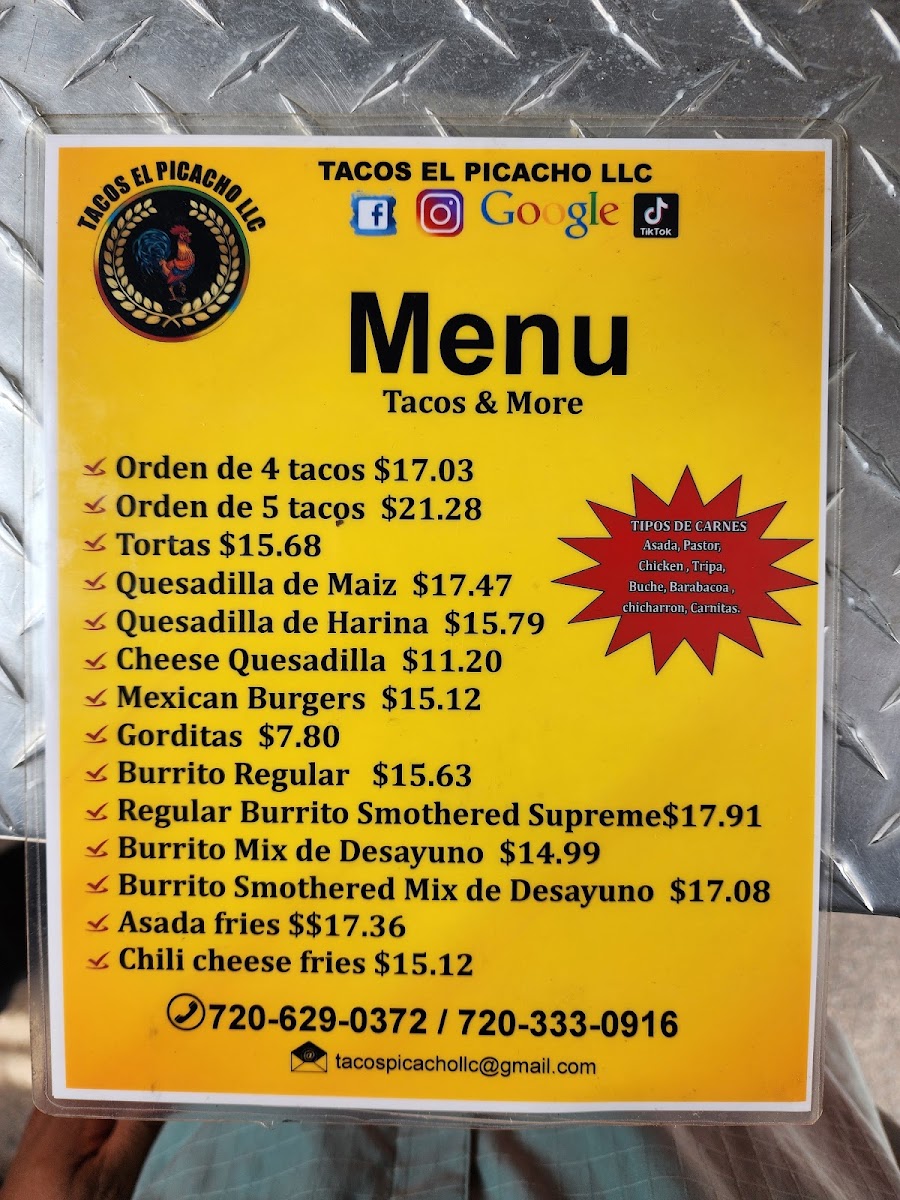 Tacos El Picacho Food Truck menu board